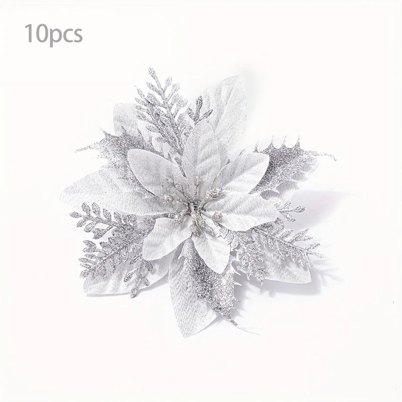 10pcs Christmas Gold Powder Christmas Flower Simulation Flower Christmas Decoration Flower Christmas Tree Decoration Peaceful Pleasures Health and Wellness Silver (10pcs)