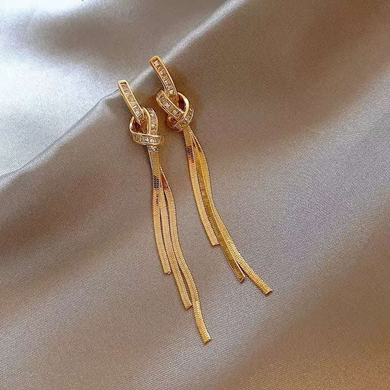 Long Diamond Studded Tassel Earrings Light Luxury Knotted Gold Silver