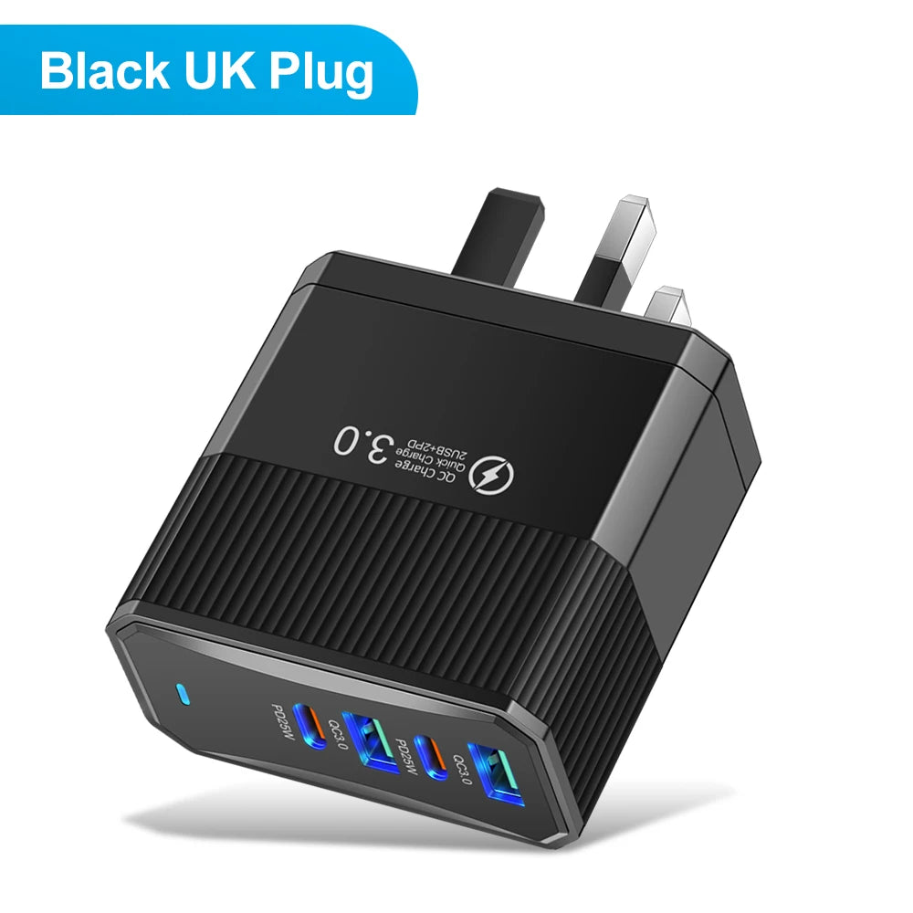 4-in-1 100W Fast Charger | 4-Port USB-C PD & QC3.0 Wall Adapter Peaceful Pleasures Health and Wellness UK Black