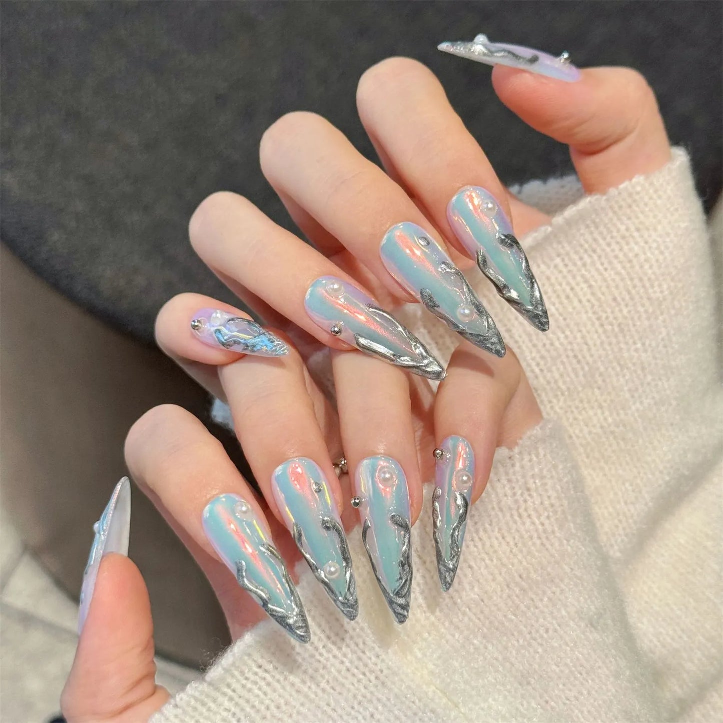 10pcs Cat's Eye Y2K Press On Nails – Almond Blush French Tips