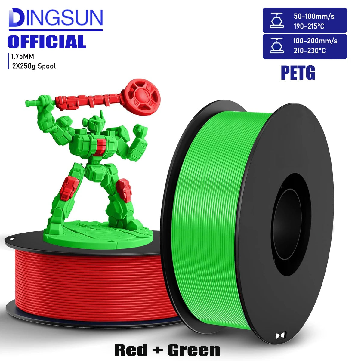 PETG Filament 1.75mm 250g/500g/1kg – Red & Green ±0.02mm