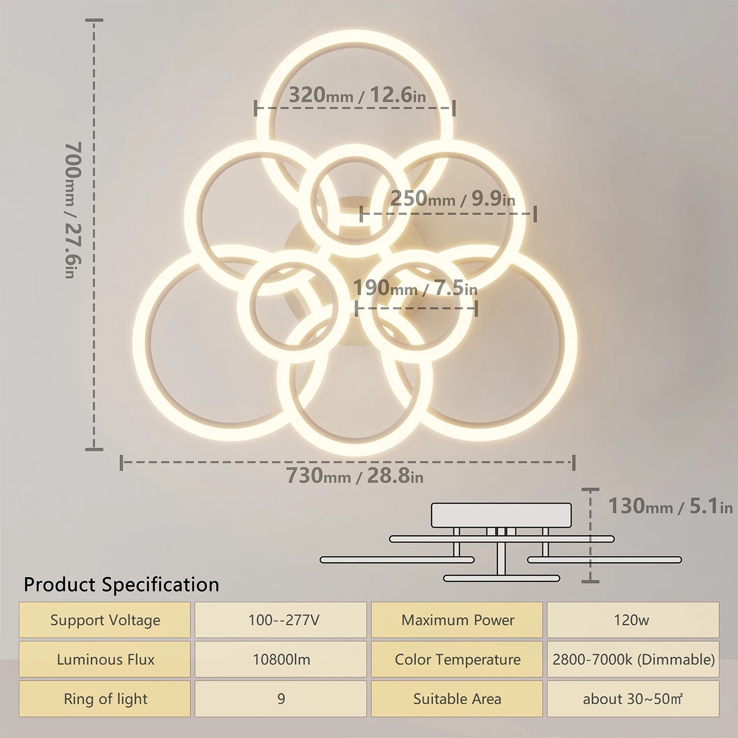 Modern LED Ring Chandelier 4-9 Rings | Remote Dimming Light