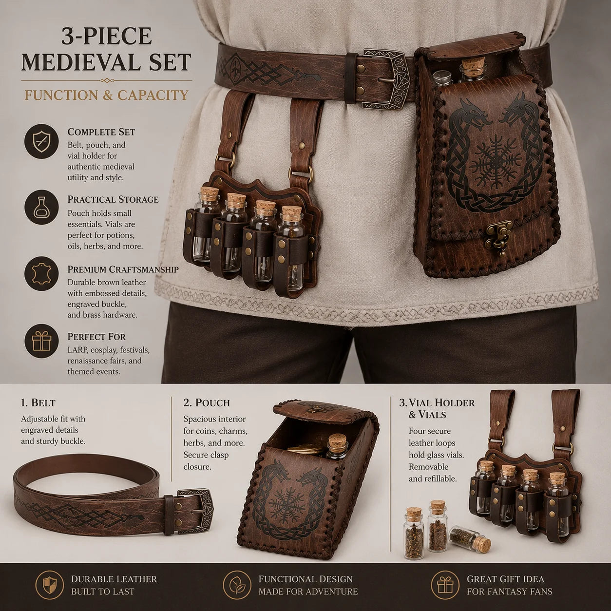 Medieval Viking Leather Belt Pouch Potion Holders Adjustable Waist