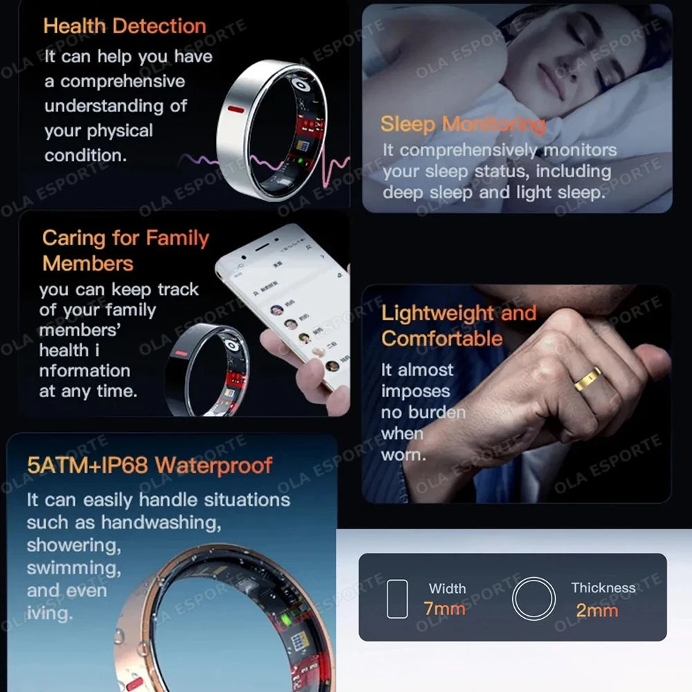 Men Women Smart Ring Health Monitoring Sport Tracker Step Count Rings 5ATM ,IP68 WaterProof Gesture Control Smartring Ring Gift Peaceful Pleasures Health and Wellness