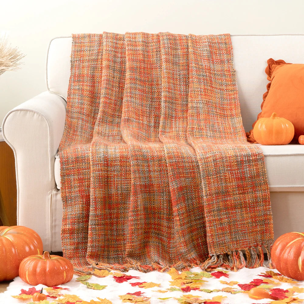 Battilo Orange Boho Throw Blanket With Tassels Colorful Cable Knitted Blankets For Bed Fall Decorative Sofa Blanket Home Decor Peaceful Pleasures Health and Wellness Orange 127x152cm