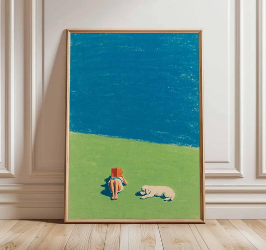Summer Reading Poster, Minimalist Beach Lawn Wall Art, Relaxed Dog and Book Print, Modern Seaside Inspired Artwork, Coastal H Peaceful Pleasures Health and Wellness