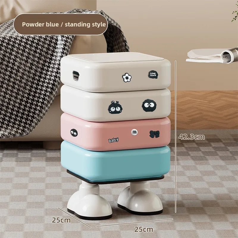 Cartoon Trash Bin with Lid Large Capacity Multi-Functional Mobile Wastebasket Modern Household Storage Organizer Wheels Peaceful Pleasures Health and Wellness Blue Stand Stickers