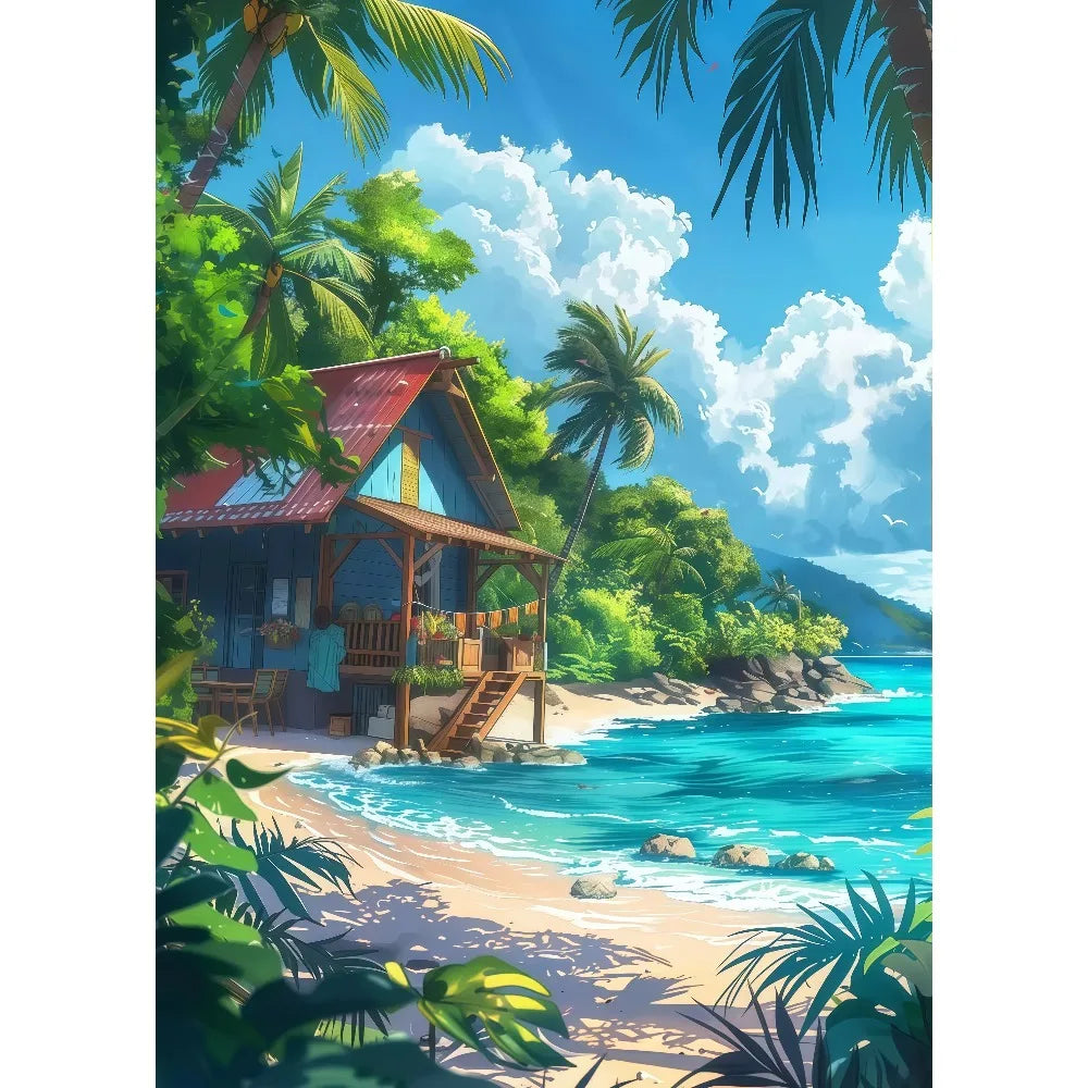 Anime Summer Landscape Canvas Wall Art | Beach Forest Cabin