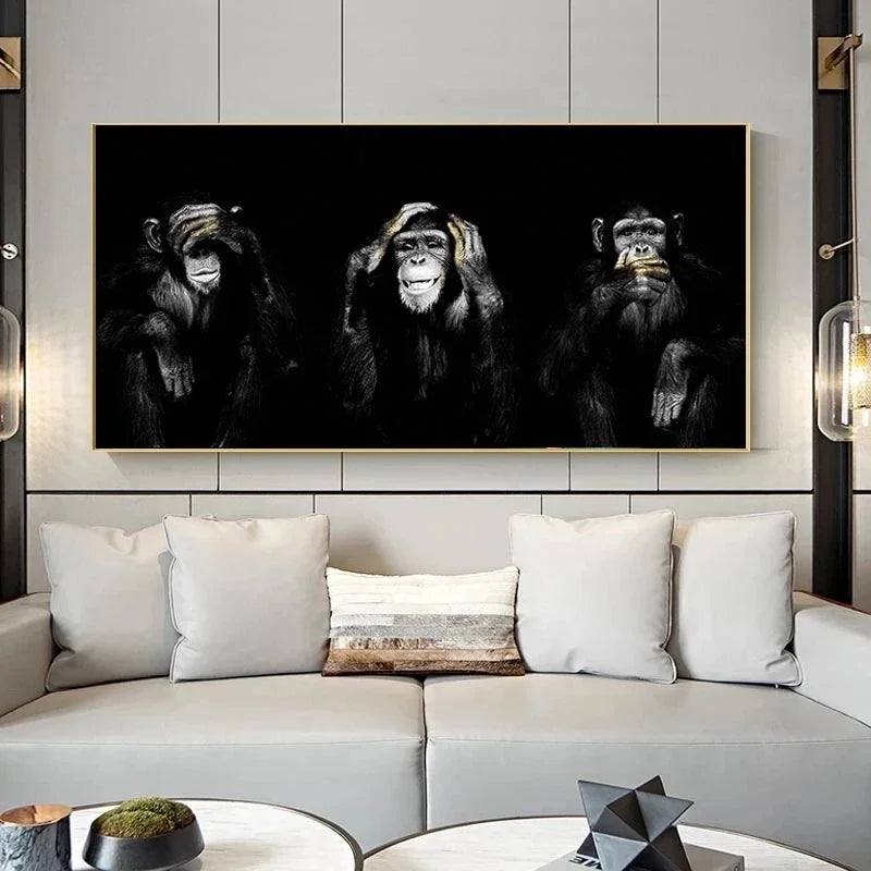 Animal Poster Large Size Posters Canvas Painting Wall Art Dark 3 Funny Monkey Posters and Prints for Living Room Home Decoration Peaceful Pleasures Health and Wellness