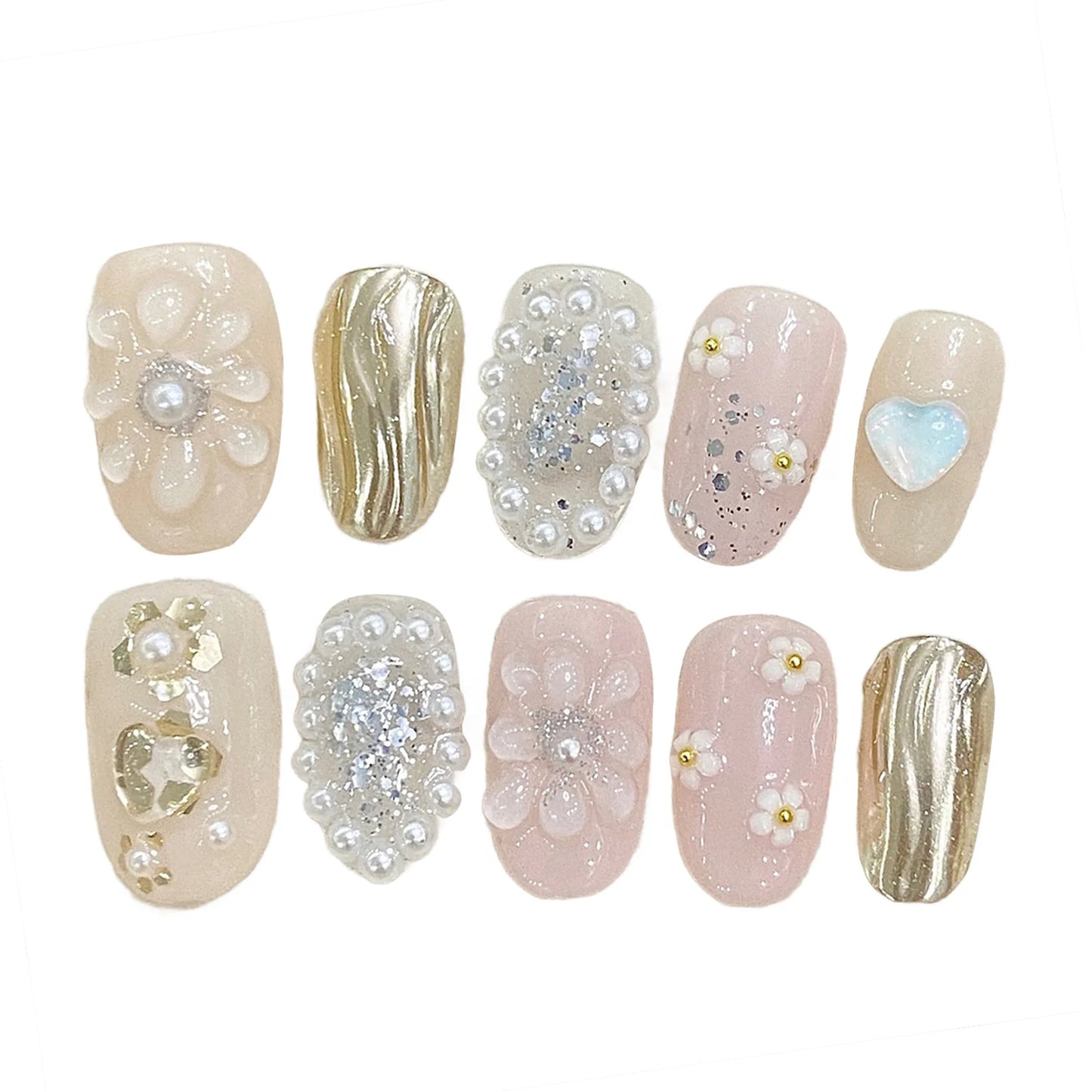 3D Flower Pearl Gold Foil Press On Nails | Short Round Bridal