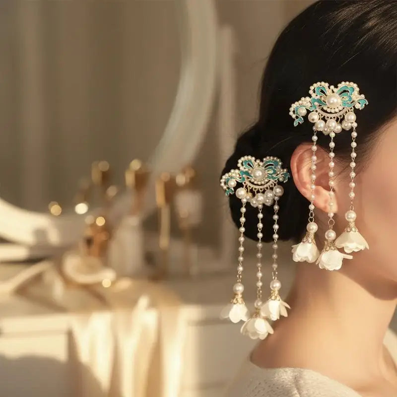 Vintage Pearl Tassel Hair Clip – Enamel Flower Hanfu Hair Pin