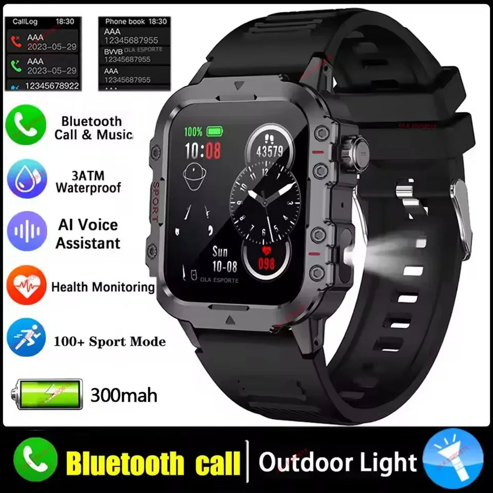 2026 Rugged Military Smart Watch Men's Outdoor Watch LED Flashlight 2.01'' HD Touch Screen Voice Bluetooth Call Smartwatch Gifts Peaceful Pleasures Health and Wellness Black Smartwatch