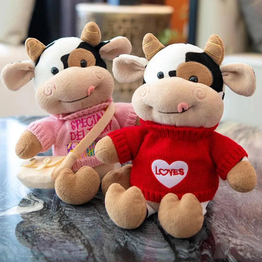 Cute Tongue Out Cow Plush Toy Removable Knit Sweater Stuffed Animal