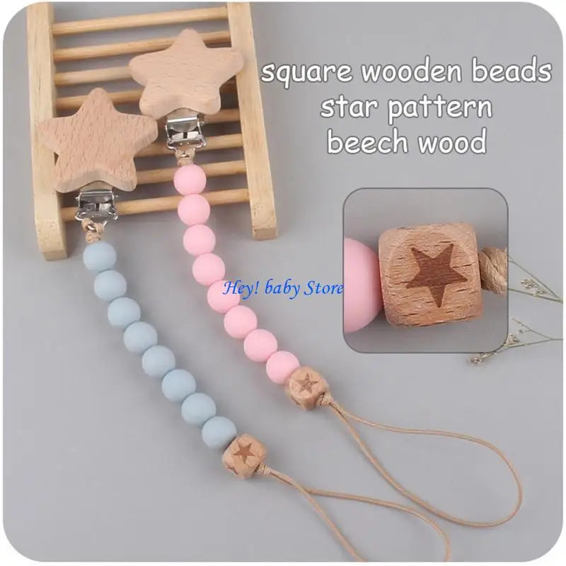Baby Pacifier Clip Silicone & Beech Wood Teething Toy Chain