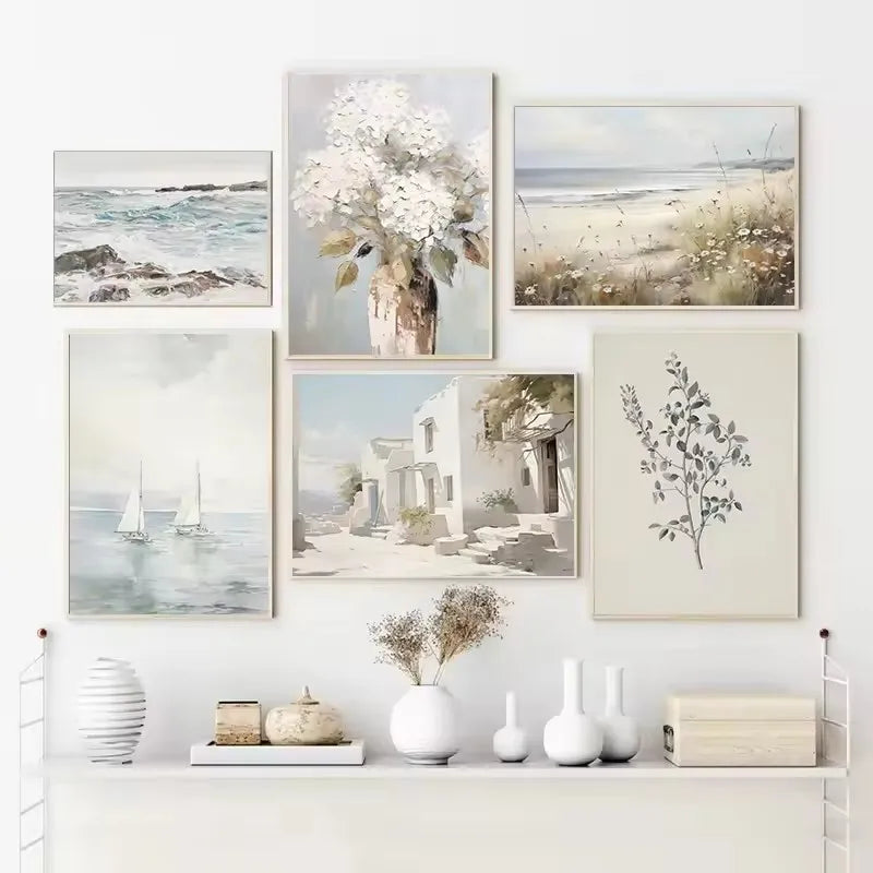Pastel Coastal Beach Seascape Canvas Wall Art | Sailboat Print Canvas Wall Art Peaceful Pleasures Health and Wellness