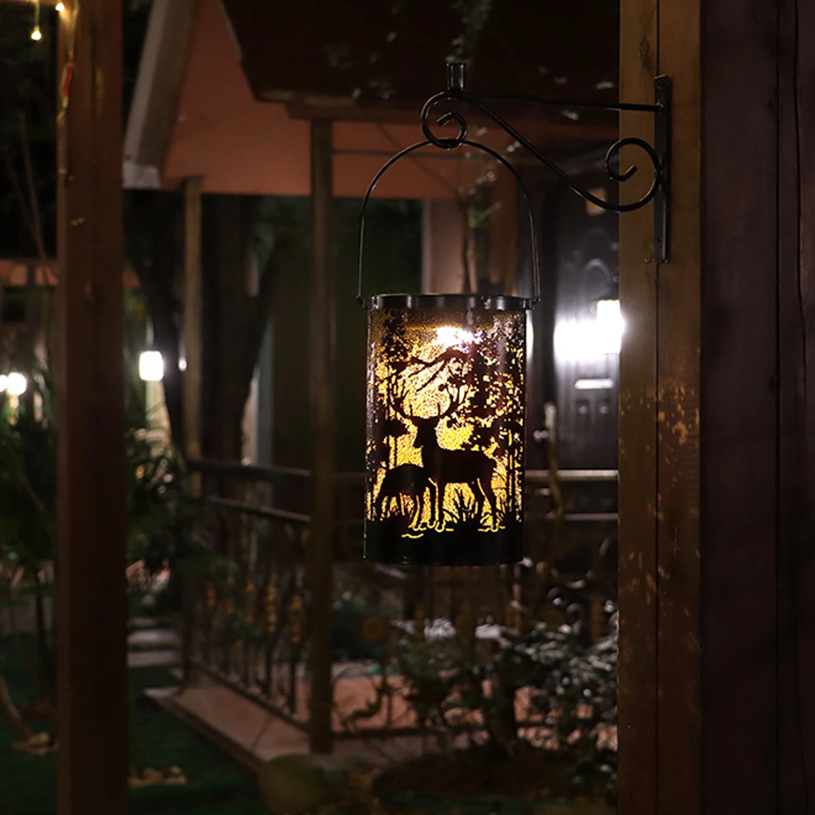 Solar Powered Deer Shaped Iron Lantern Outdoor Garden Decor with Etched Cutout Design Projection Light for Patio Yard Decoration Peaceful Pleasures Health and Wellness