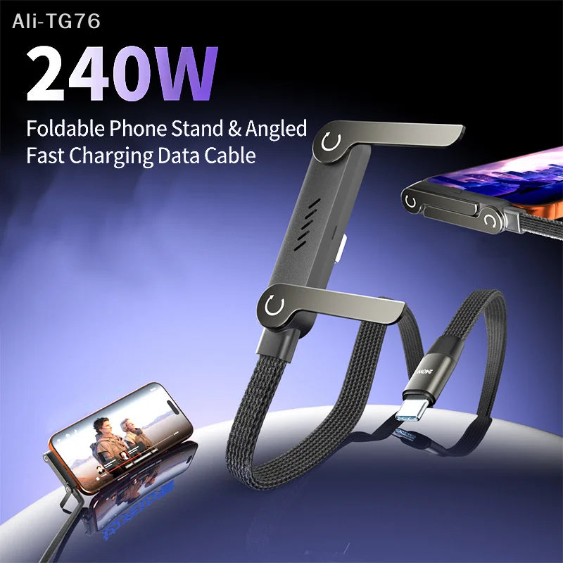 240W USB-C Fast Charging Cable with Foldable Phone Stand