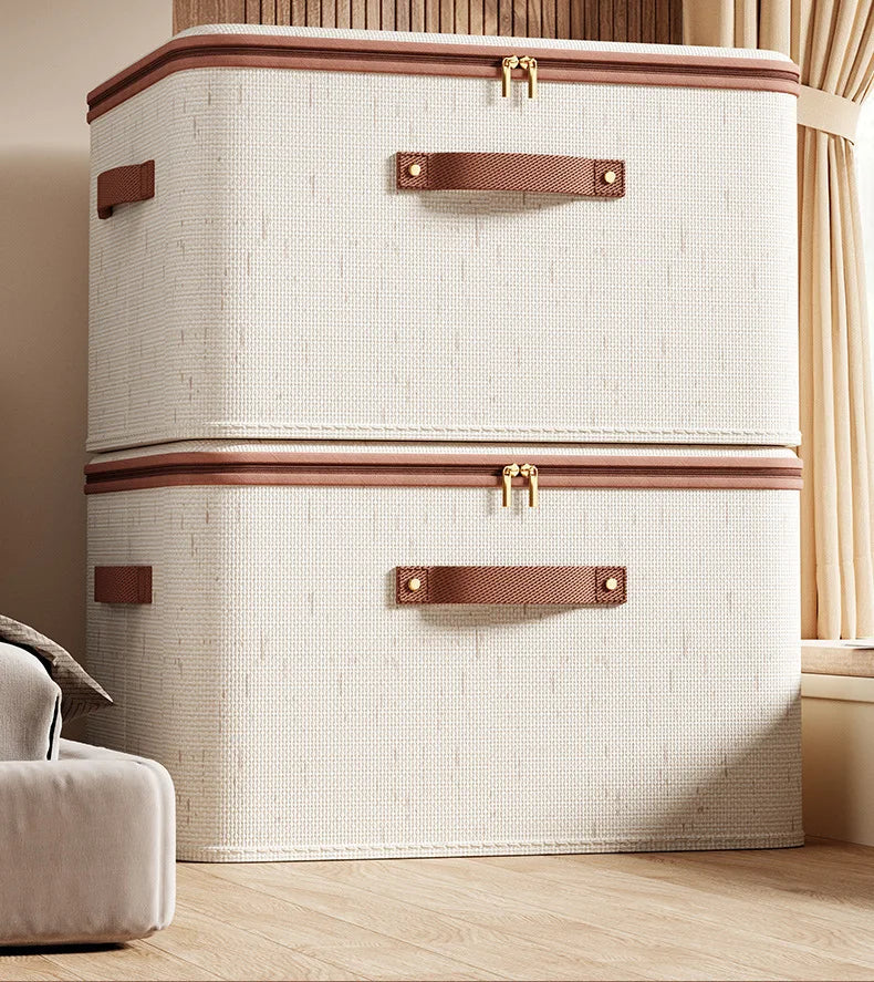 Large Hard Shell Cotton Linen Storage Box with Zippered Lid