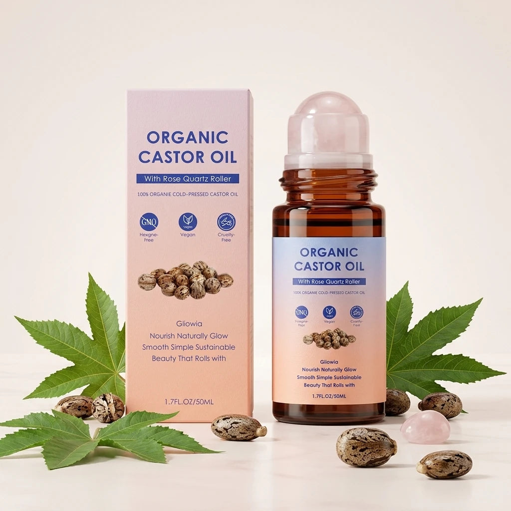 Organic Castor Oil Rose Quartz Roller Ball Moisturizing Skin Barrier Deep Repair Soothing Skin Cold-Pressed Natural Castor Oil Peaceful Pleasures Health and Wellness
