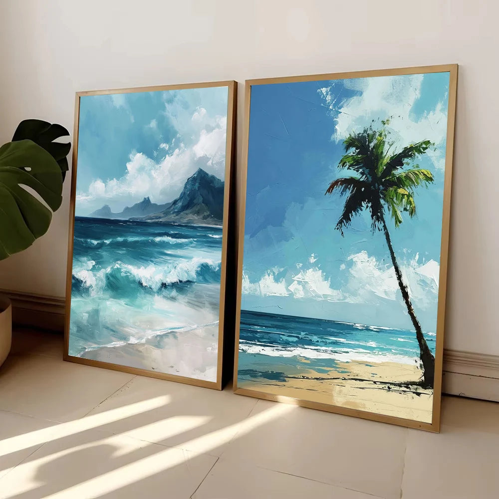 Ocean Beach Canvas Wall Art – Surf Girl, Lighthouse & Palm Tree Canvas Wall Art Peaceful Pleasures Health and Wellness