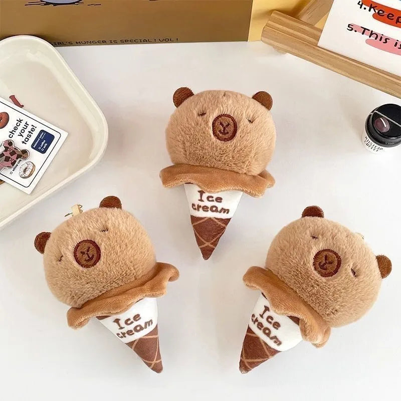 Capybara Ice Cream Plush Keychain – Soft Stuffed Bag Charm