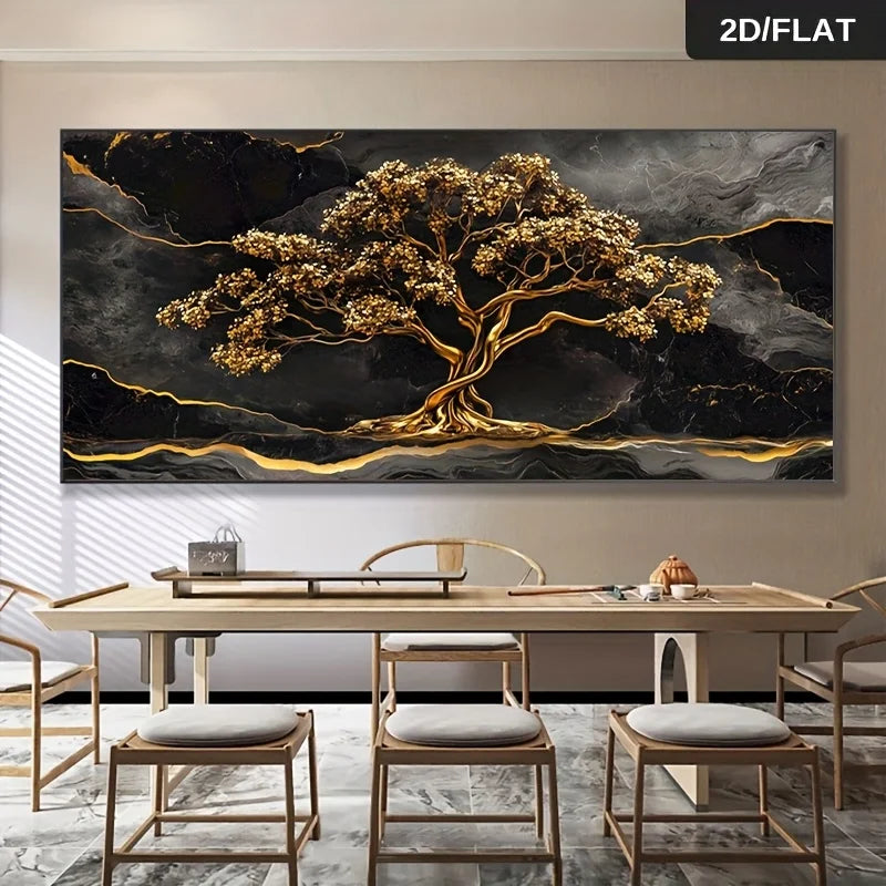 Frameless Modern Abstract Golden Tree Marble Canvas Wall Art - Large Size Golden & Black Painting Luxury Home Accent 2D Flat Peaceful Pleasures Health and Wellness