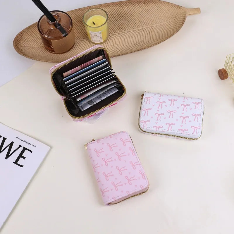 Korean style Multi-slots Zipper Mini Coin Purse Pink Sweet Bowknot Card Holder Women Girls PU Leather Portable Travel Wallet Peaceful Pleasures Health and Wellness