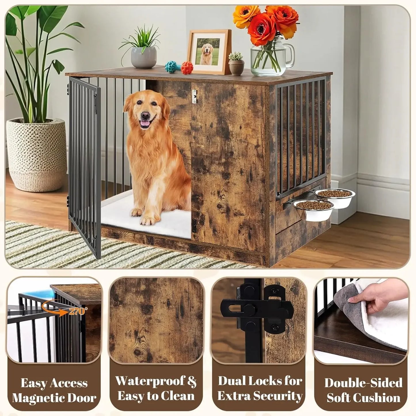 36" Indoor Wooden Dog Crate with Cushion & Swivel Door Peaceful Pleasures Health and Wellness