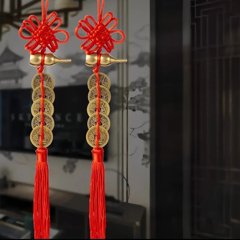 1Pcs Chinese Feng Shui Coins with Handmade Red Enless Knot Home Decor Hanging Decoration Lucky Ornaments for Car Wealth Success Peaceful Pleasures Health and Wellness