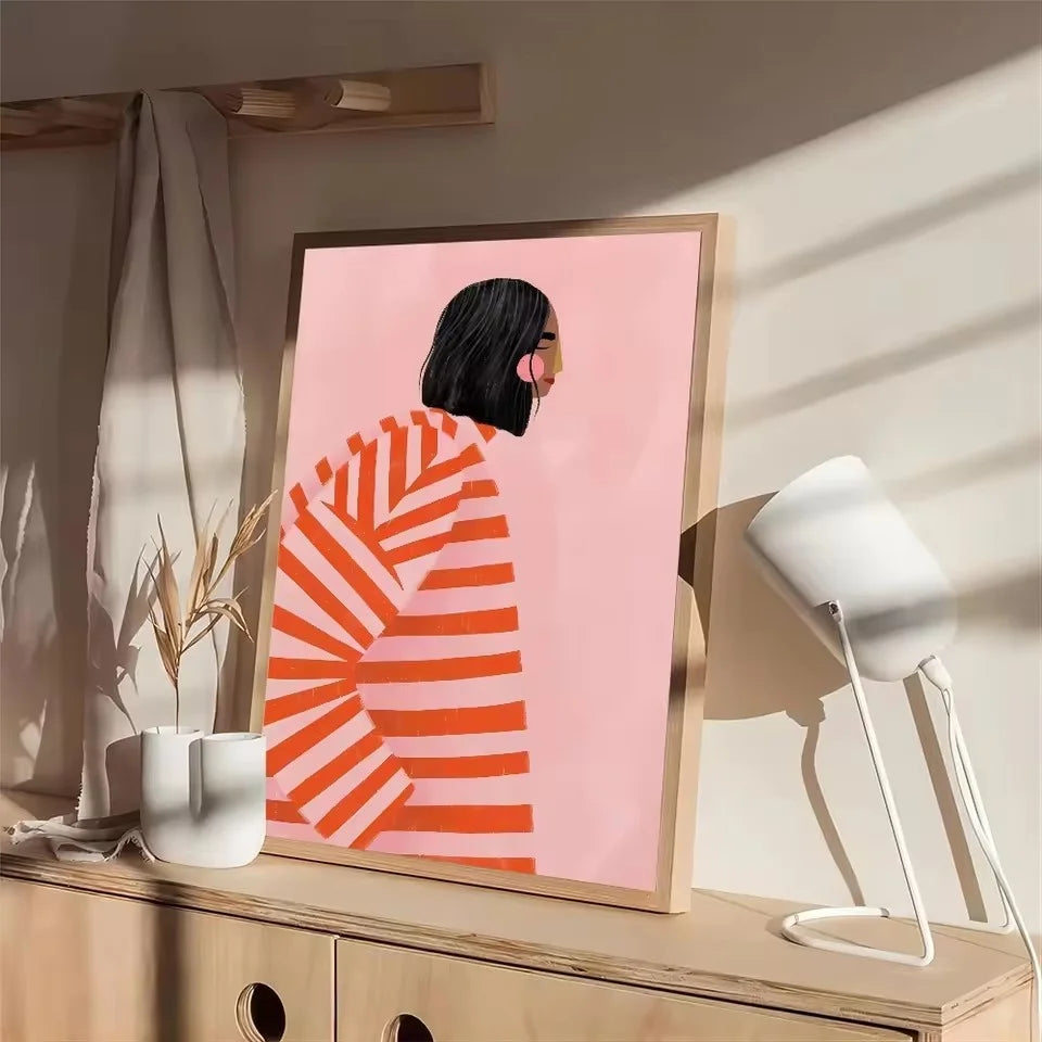 Modern Abstract Wall Art - Woman Relaxing on Red Orange Striped Couch - Large Canvas Print Decor - Unique Line Drawing Unframed Peaceful Pleasures Health and Wellness ZLH084 20x30cm No Frame