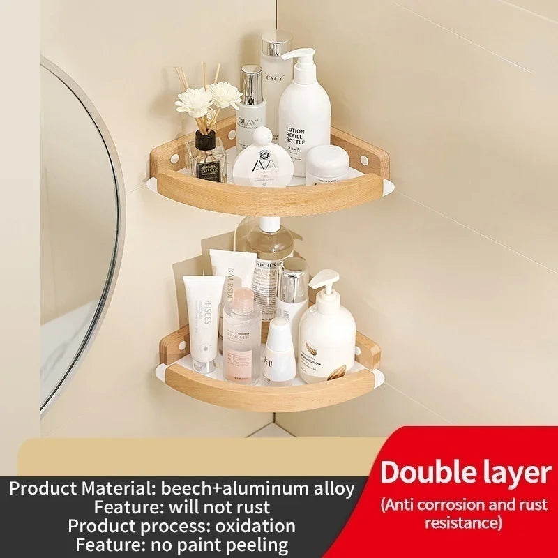 Wood & Aluminum Corner Shower Shelf | Bathroom Wall Organizer