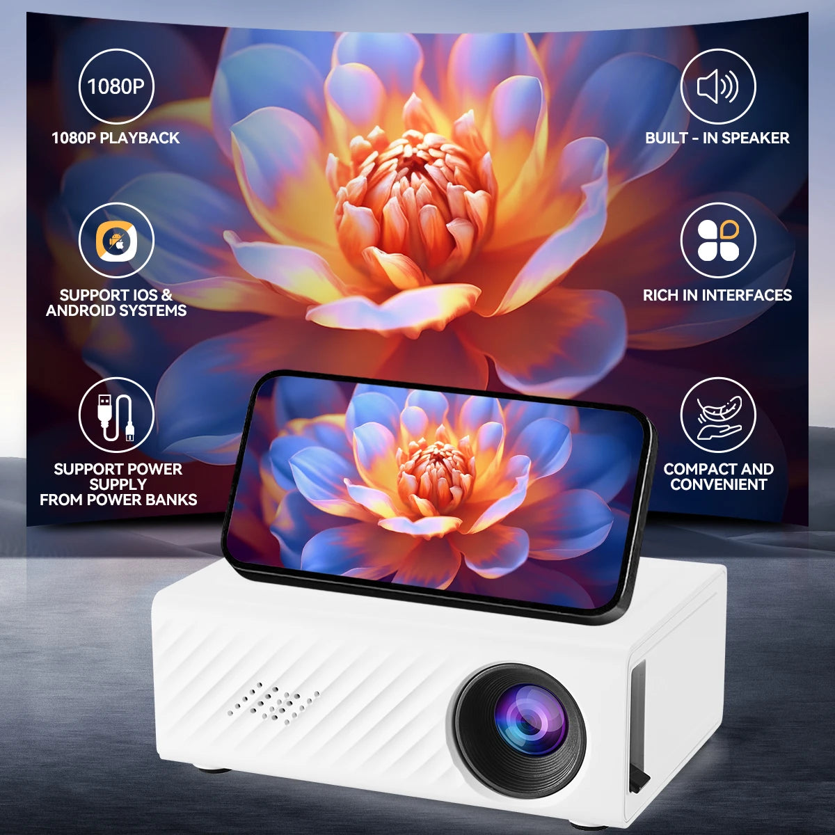 Mini portable projector, home LED portable projector, HD resolution projector, can connect to a mobile phone Peaceful Pleasures Health and Wellness Black
