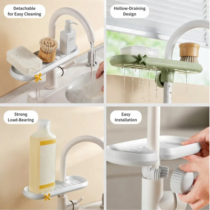 Adjustable Faucet Storage Shelf Fits Various Water Tap Sizes Multi-functional Sink Organizer Holds Cleaning Rags and Kitchen Peaceful Pleasures Health and Wellness
