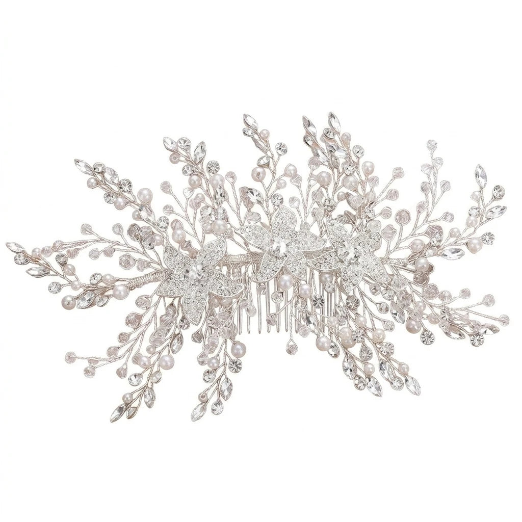 Women Rhinestone Pearl Hair Comb Elegant Alloy Bridal Accessory for Wedding and Formal Events Peaceful Pleasures Health and Wellness Silver
