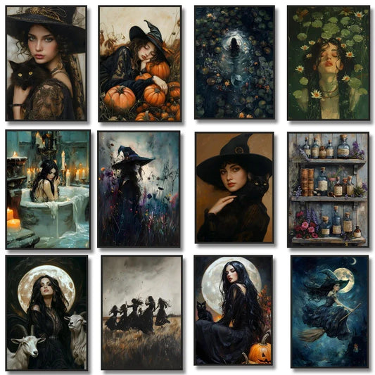 Halloween Witch Black Cat Pumpkin Full Moon Canvas Wall Art