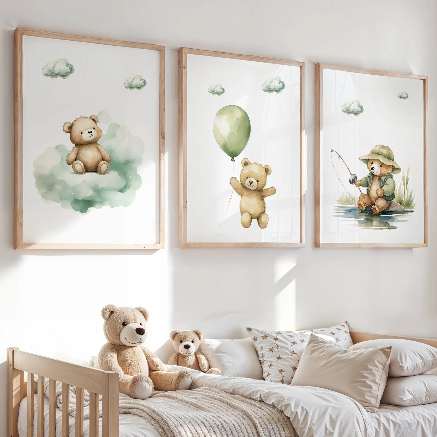 Cartoon Bear Green Clouds Canvas Wall Art Print | Kids Room
