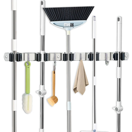 4-Hook Adhesive Broom Mop Organizer Stainless Steel Wall-Mounted Non-Slip Rack Storage Solution for Home Kitchen Garden Laundry Peaceful Pleasures Health and Wellness