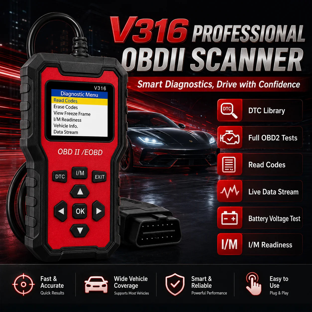V316 OBD2 Scanner – Read & Clear Engine Codes + Battery Monitor Peaceful Pleasures Health and Wellness Default Title