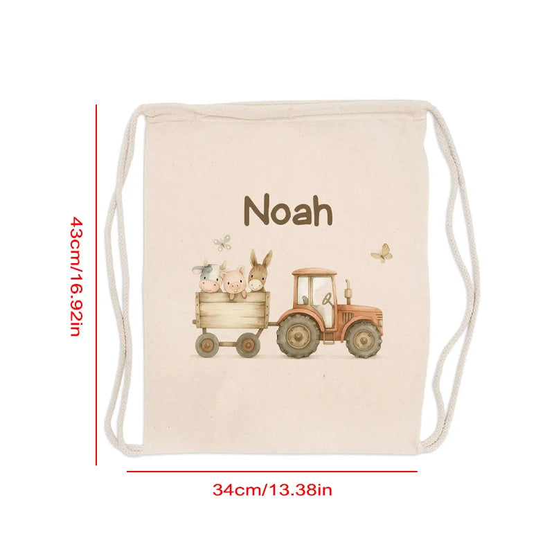 Personalized Tractor Drawstring Backpack | Custom Kids Name Bag
