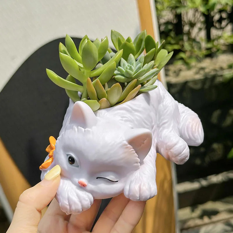 Cartoon Cat Resin Succulent Pot | Cute Desktop Plant Pot