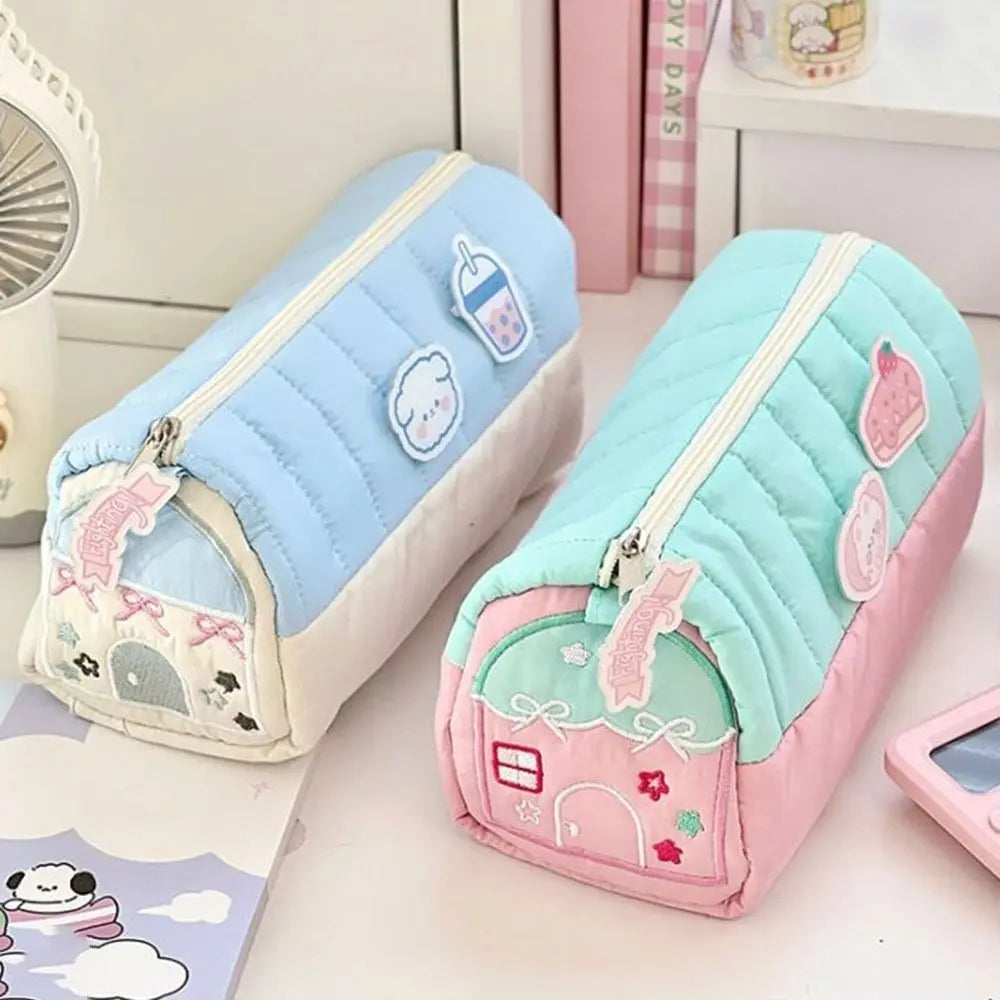 Cute House Shaped Pencil Cases Large Capacity Multi Layer Pen Stationery Storage Bags Creative Embroidery Student Cosmetic Pouch Peaceful Pleasures Health and Wellness