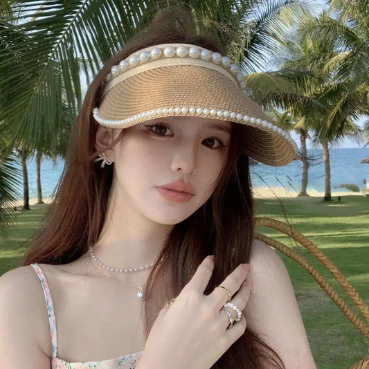 Women's Wide Brim Pearl Straw Sun Hat – Elegant Beach Cap Women's Sun Hat Oasis Select