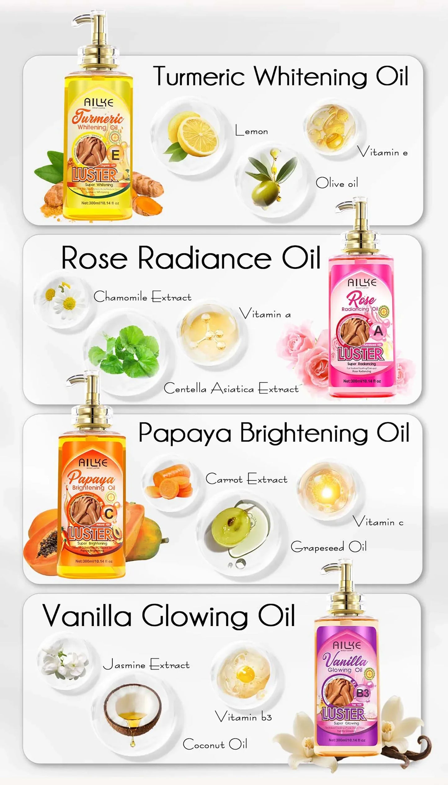 AILKE Skin Glowing Whitening Body Oil – All Skin Types 300ml Peaceful Pleasures Health and Wellness
