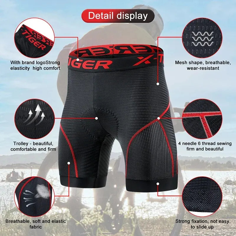 X-TIGER Men's Gel Pad MTB Cycling Shorts – Breathable Underwear