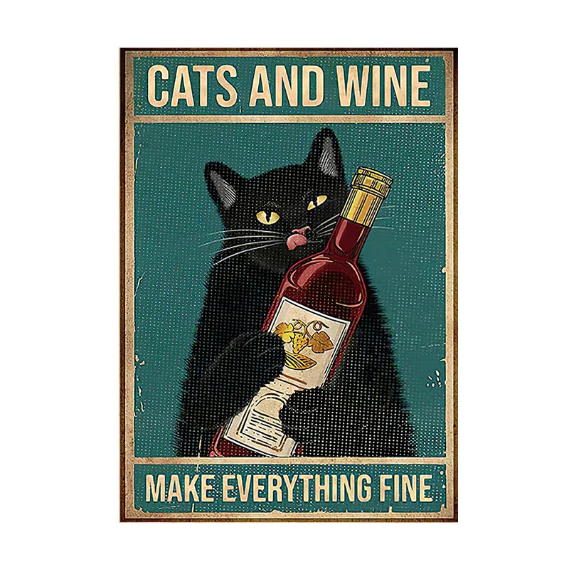 Funny Black Cat Coffee Canvas Wall Art | Retro Cat Poster