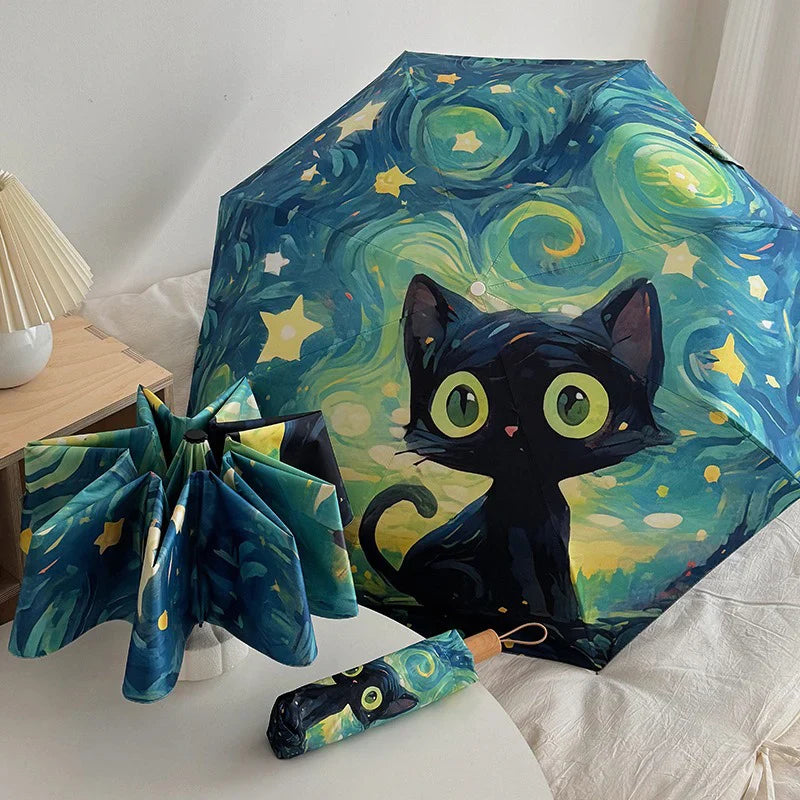 Green Cartoon Cat Folding Umbrella – UV & Rain Protection