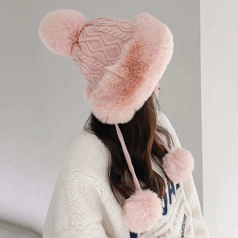 Women's Plush Ball Beanie | Winter Ear Protection Knit Hat