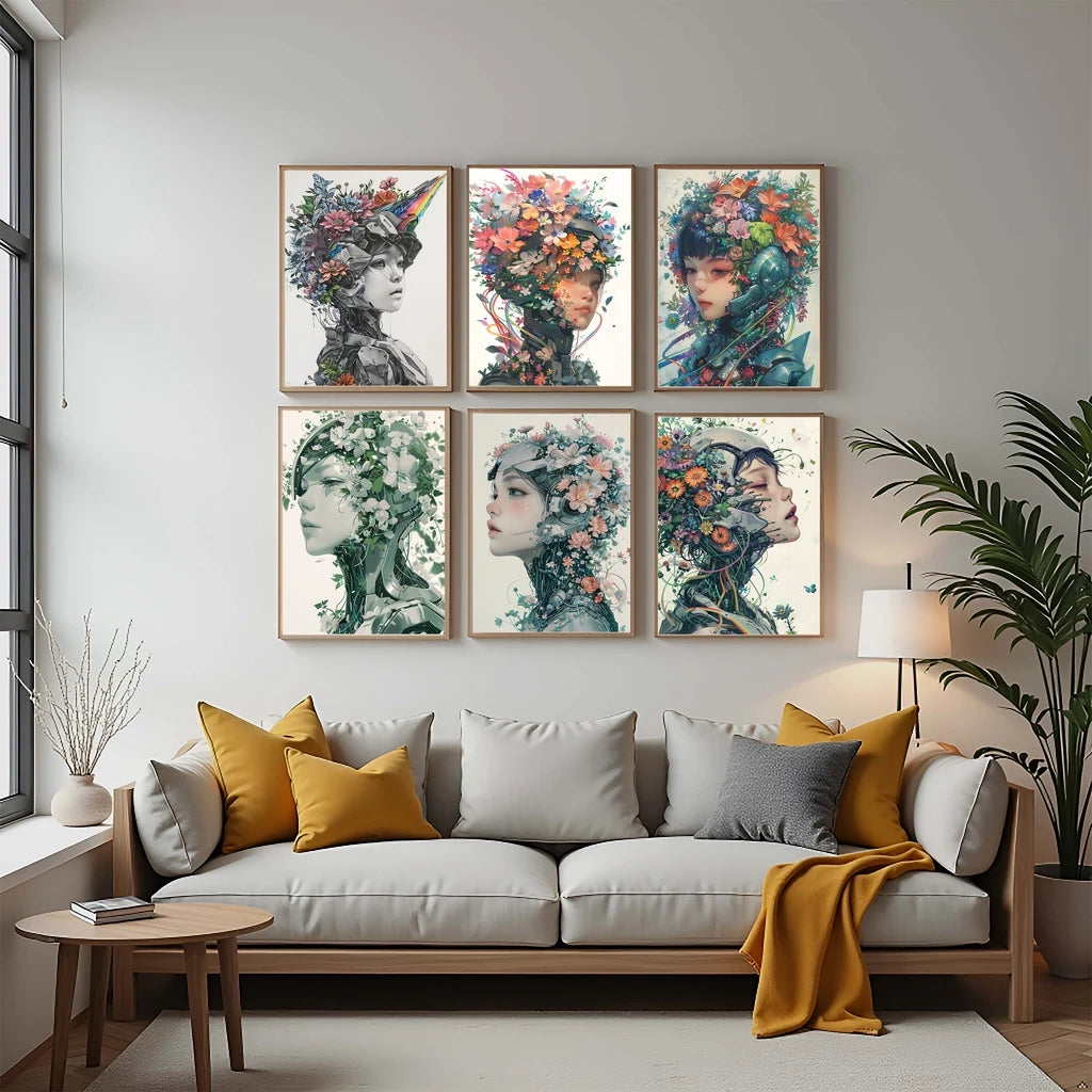 Nordic Robot Girl & Flowers Canvas Wall Art | Modern Poster Print Canvas Wall Art Print Peaceful Pleasures Health and Wellness
