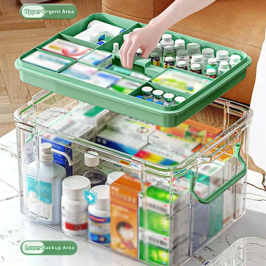 Transparent Plastic Medicine Storage Box with Tray Portable First Aid Organizer Multipurpose Family Emergency OrganizevBox Peaceful Pleasures Health and Wellness