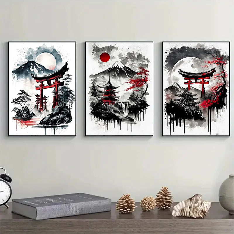 Landscape Canvas Painting Black And Red Posters Vintage Ink Art Wall Prints For Living Room Home 3pcs Frameless Japanese Natural Peaceful Pleasures Health and Wellness T80232-97 20x30cm Unframed